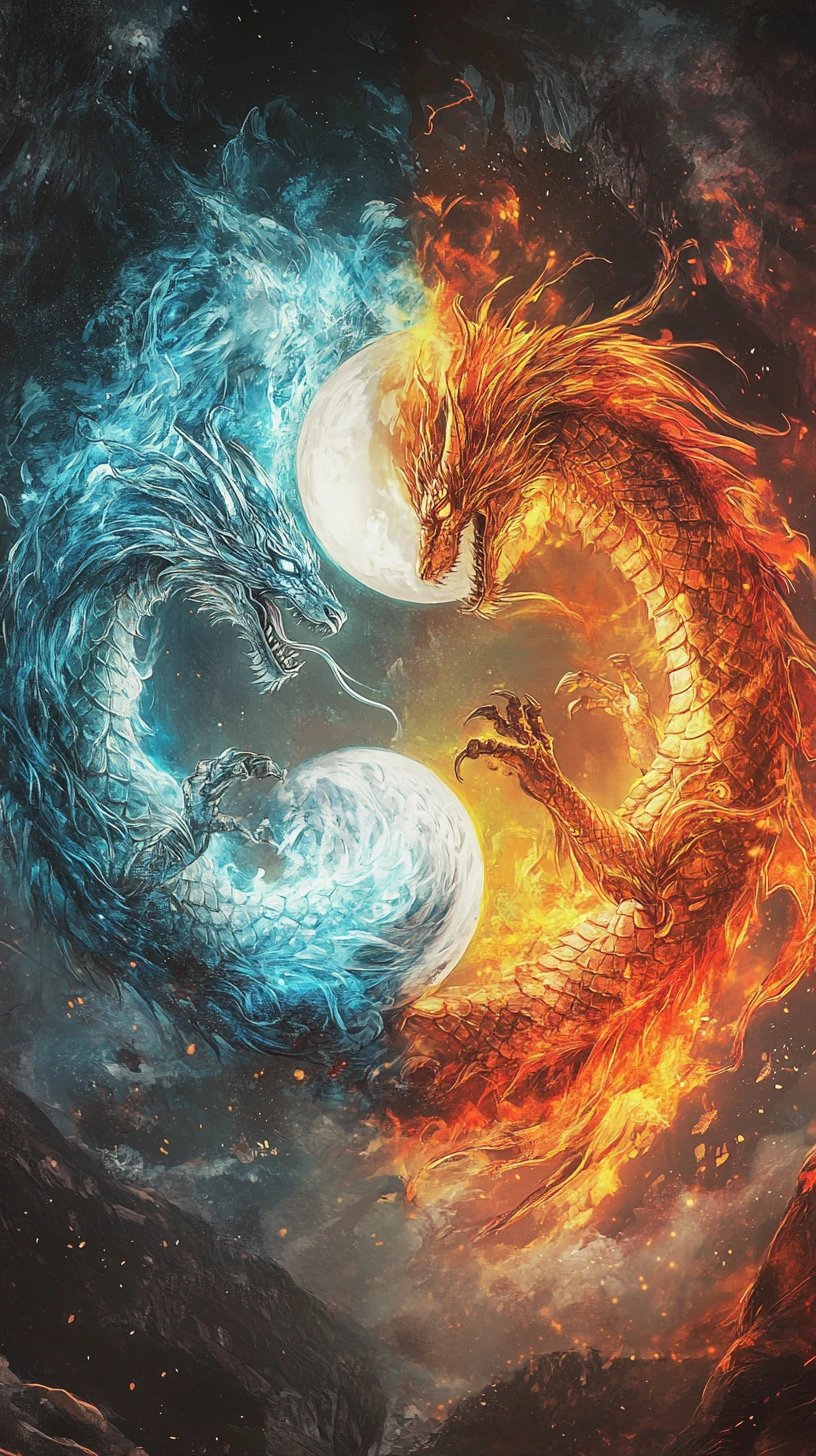 Ice and fire dragons entwined in a glowing yin yang
