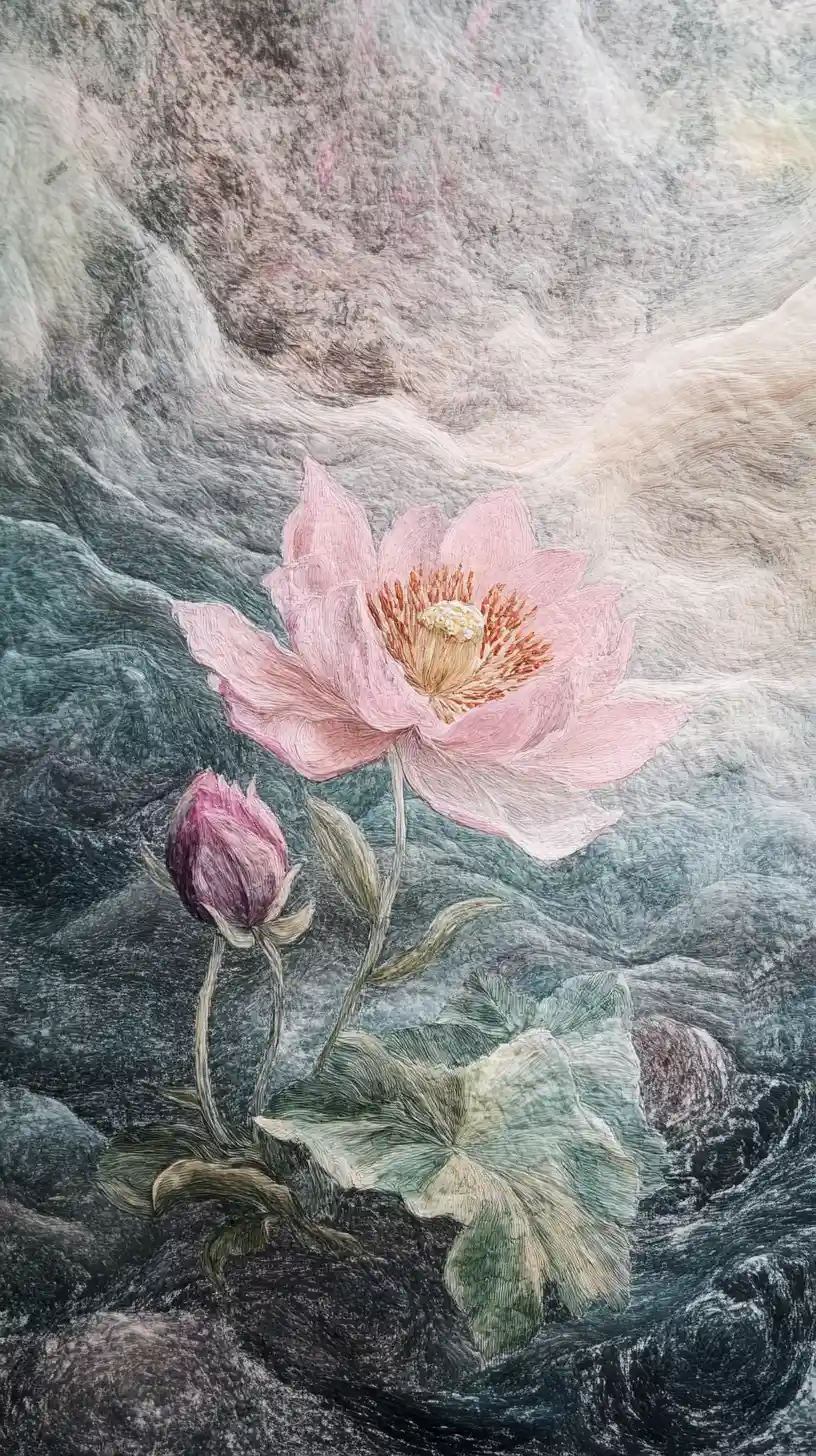 Surreal abstract flower emerging from soft chalk like textures