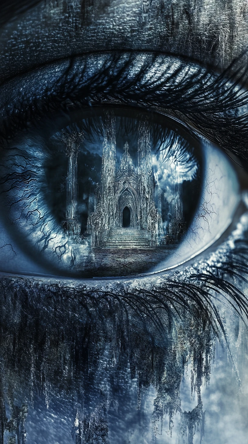 Close up feminine eye reflecting a gothic throne room