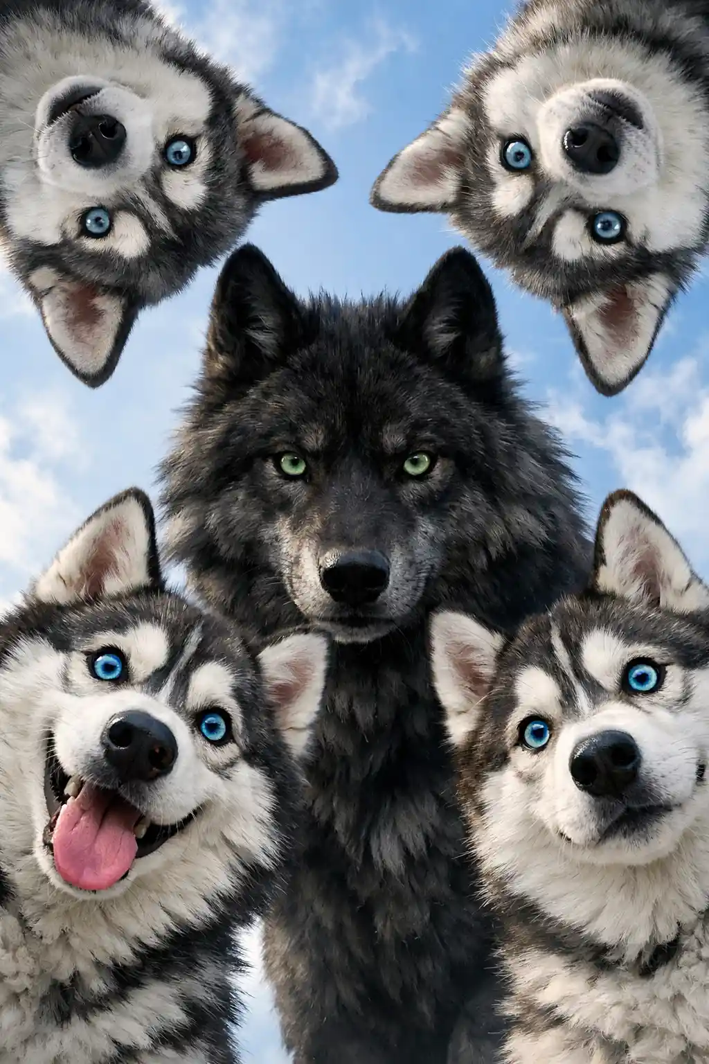Cuatro huskies y un lobo mirando hacia abajo en semicírculo