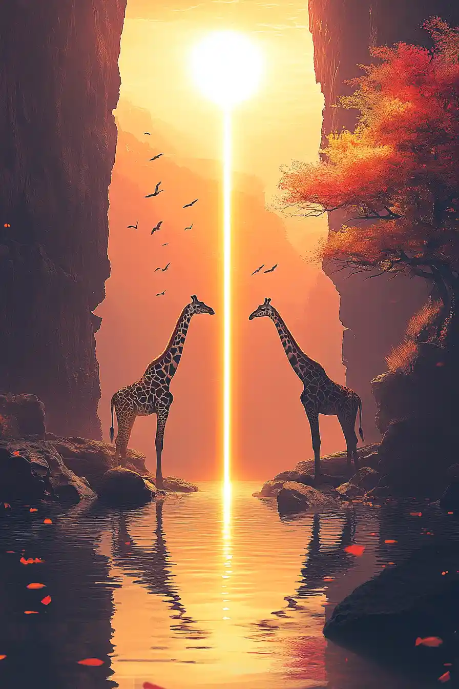 Two giraffes mirrored across a glowing fantasy lakeside