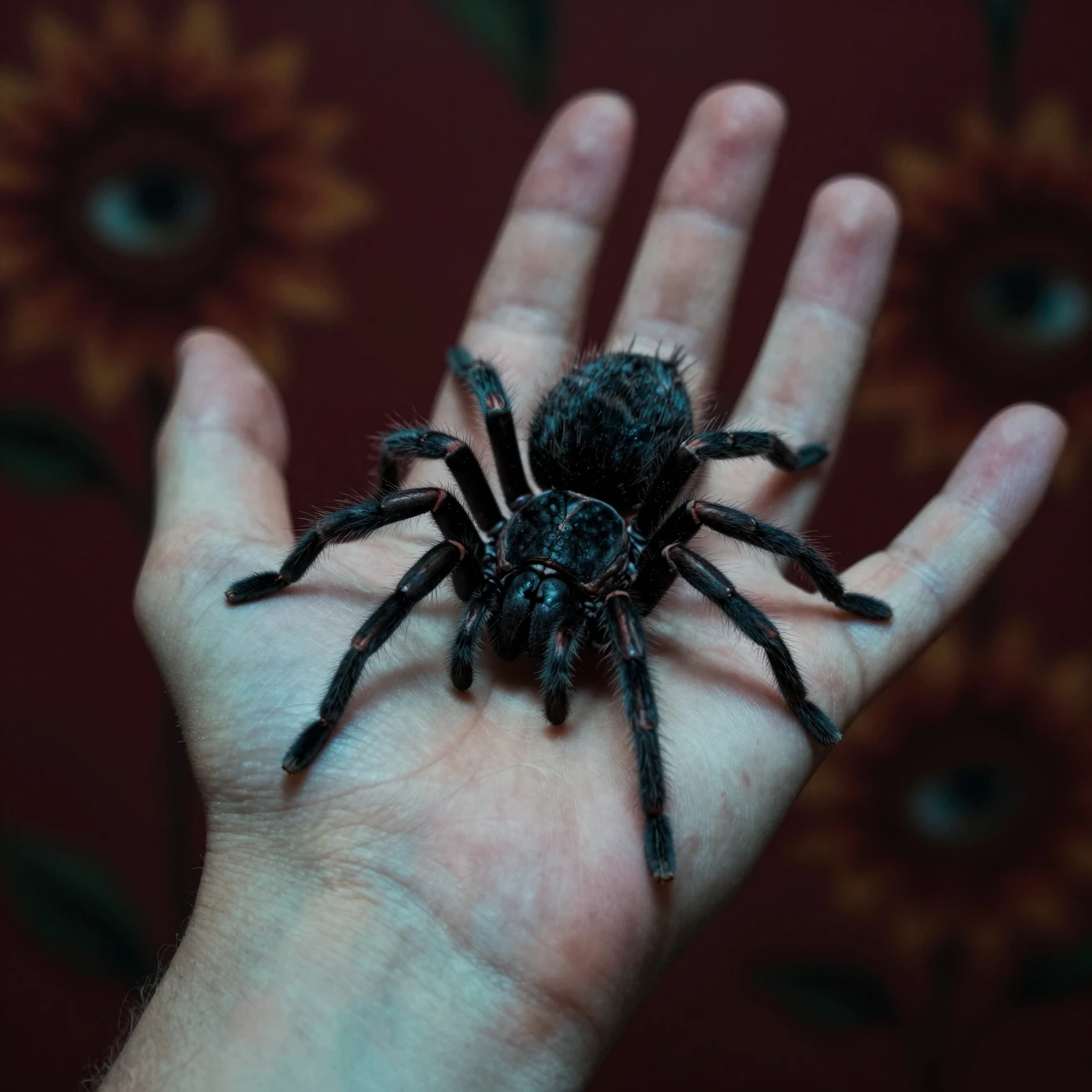 Extreme close up of a spider on a teenage boys palm