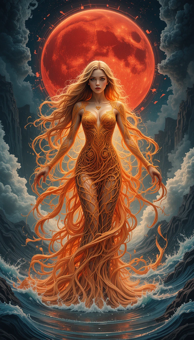 Fiery Aries goddess beneath a towering blood red moon