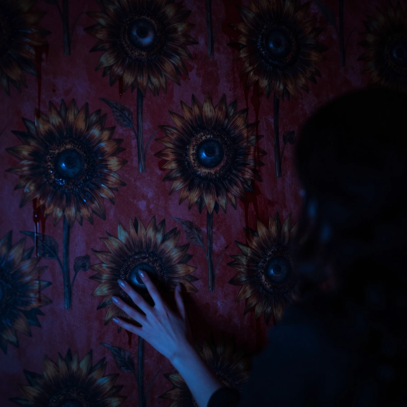 Close up decaying wall of dark sunflowers like watching eyes