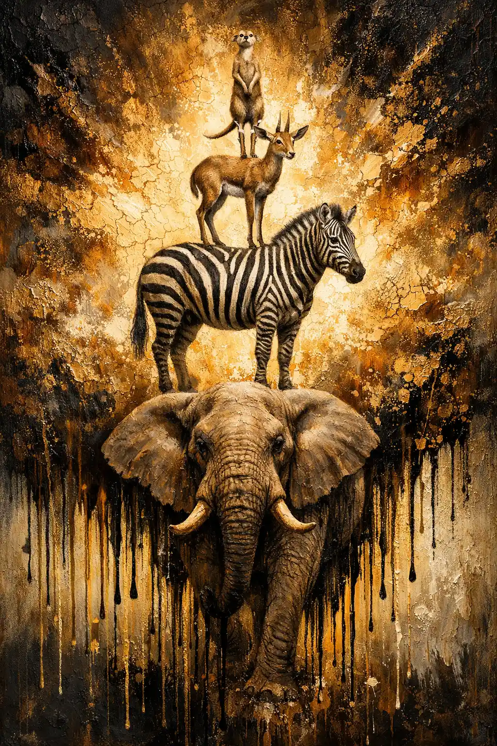 Totem surreale di fauna impilata con elefante, zebra e suricato