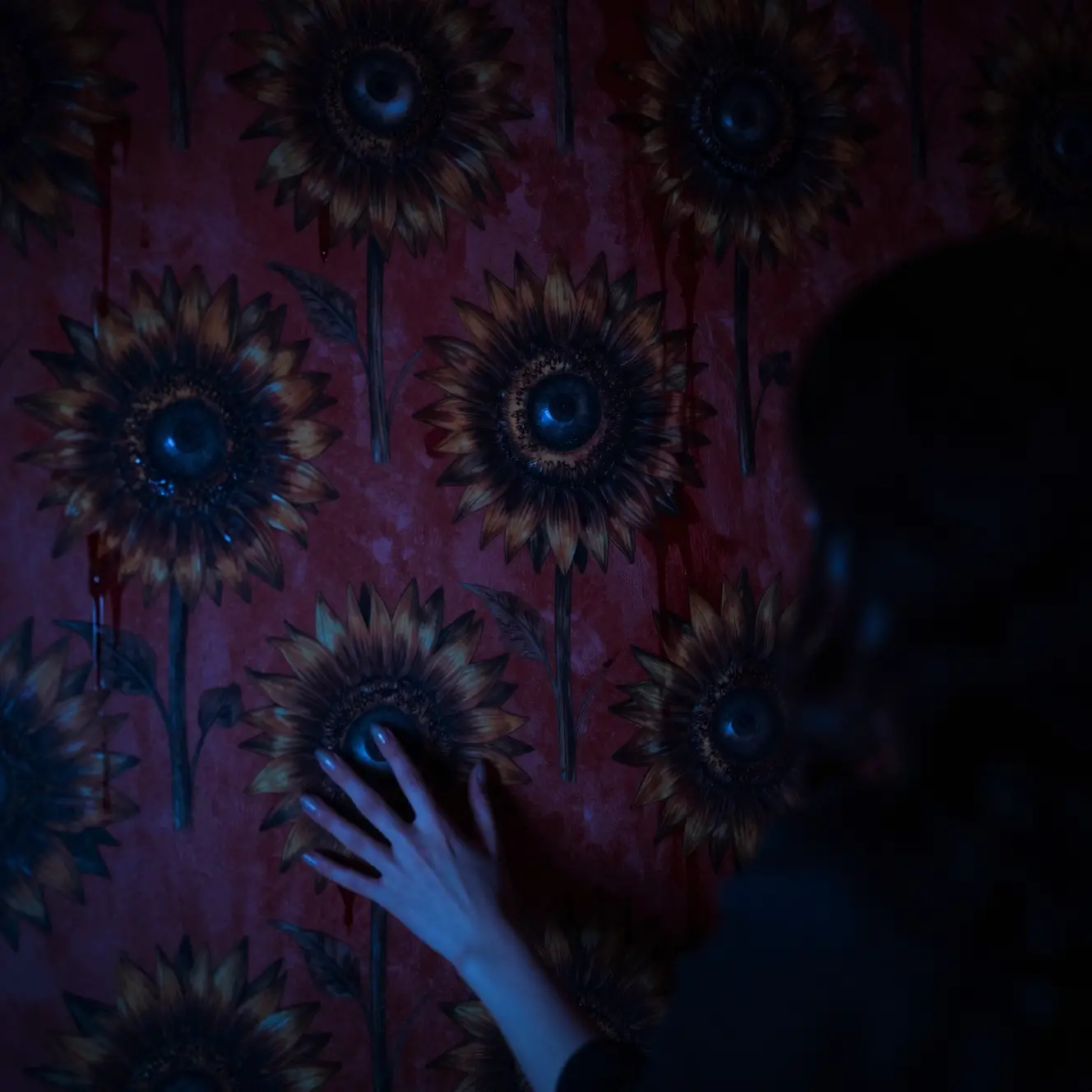 Close up decaying wall of dark sunflowers like watching eyes
