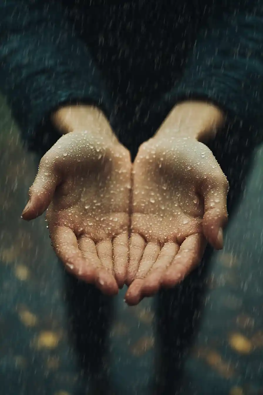 Lone traveler walking through the falling rain outdoors