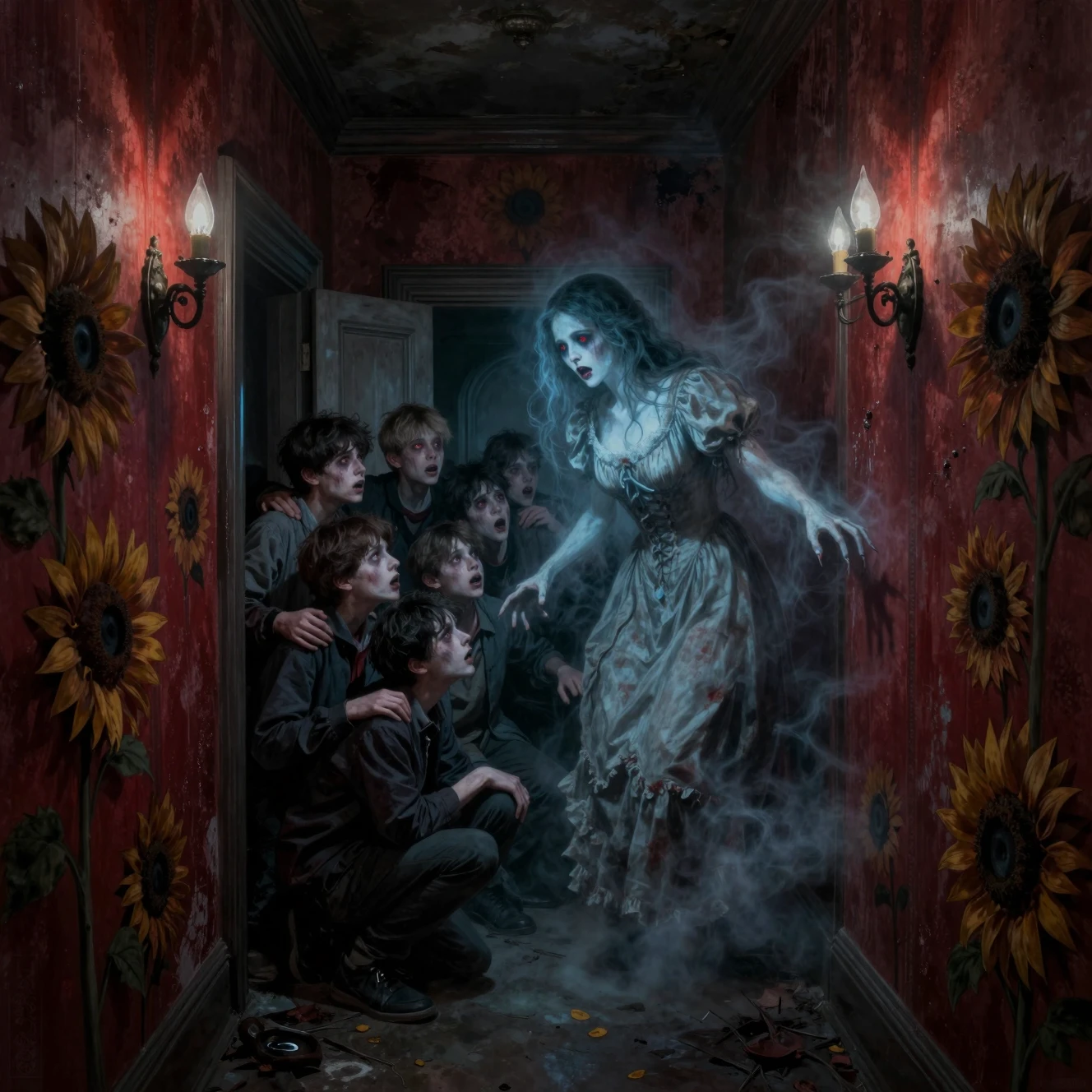 Terrified teenage boys in a haunted gothic corridor