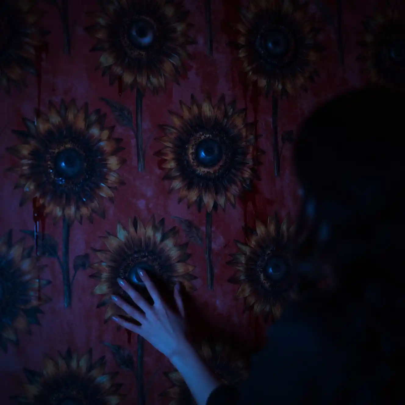 Close up decaying wall of dark sunflowers like watching eyes
