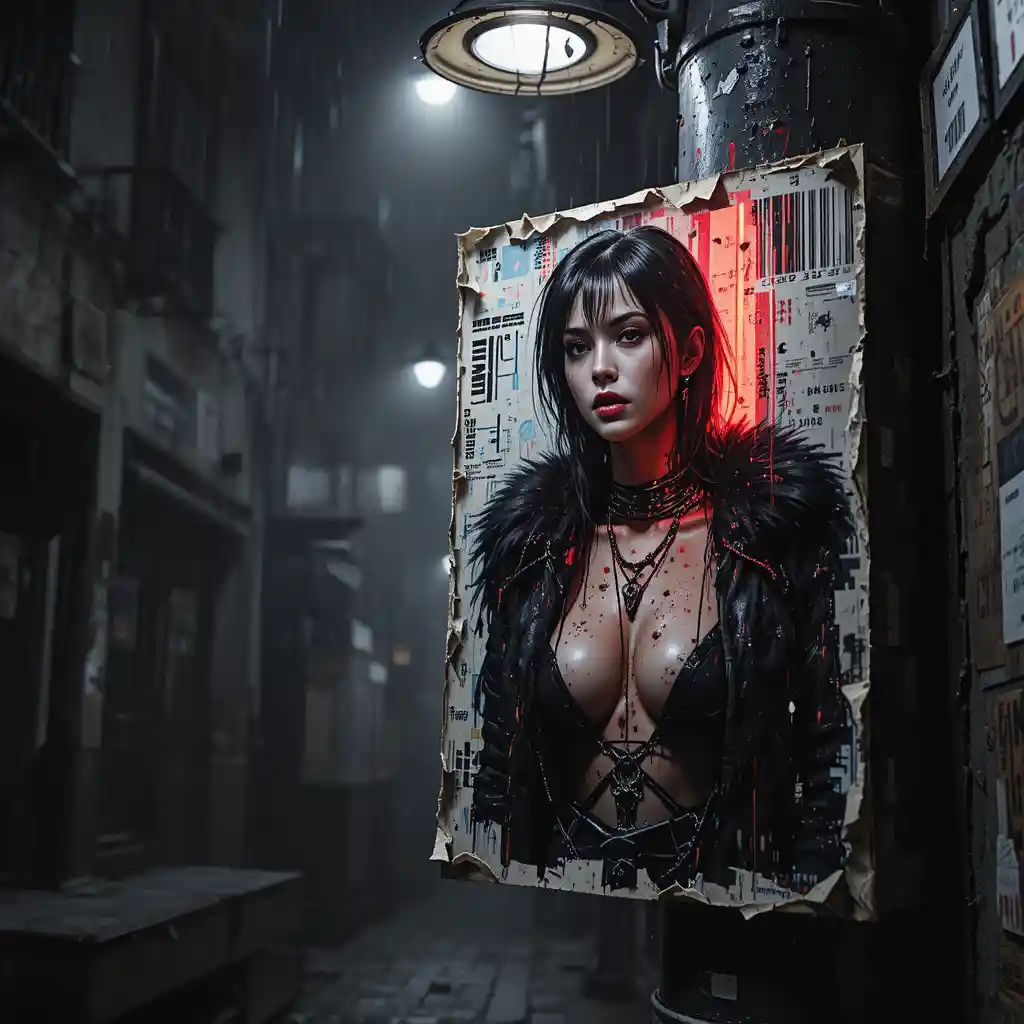 Torn poster of cyberpunk woman on lamppost in foggy alley