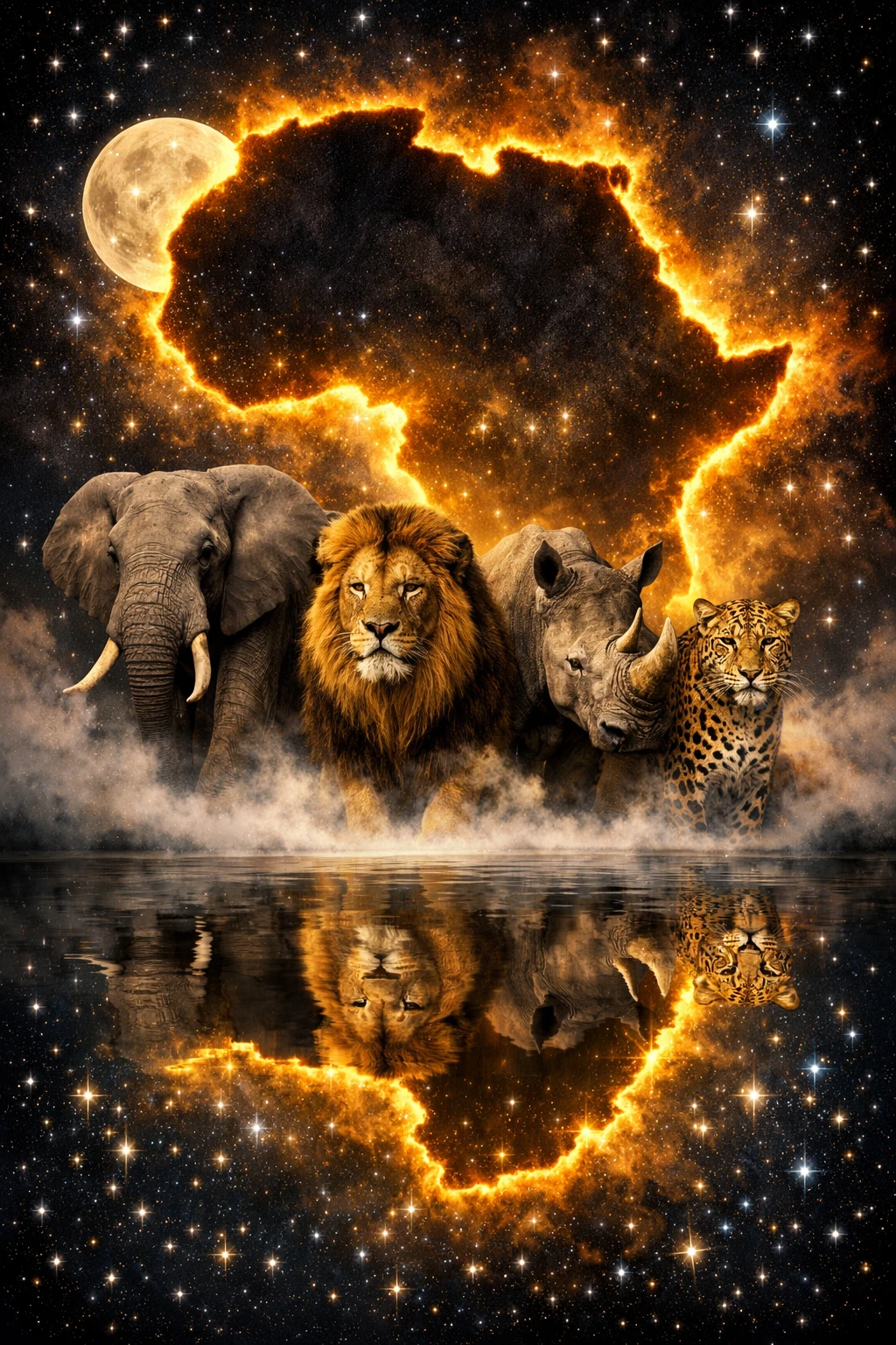 Fauna selvatica africana sotto una luminosa mappa cosmica del continente