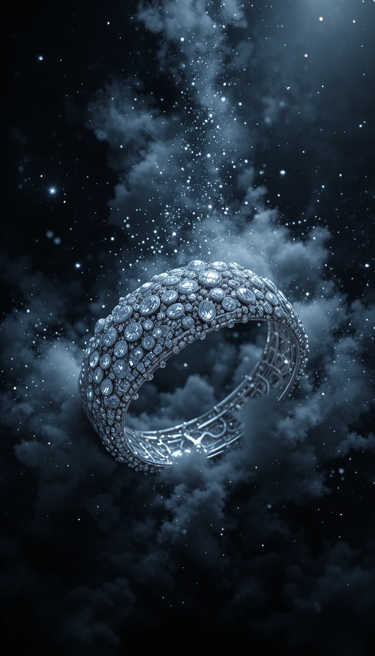 Silver diamond bracelet floating against deep black background