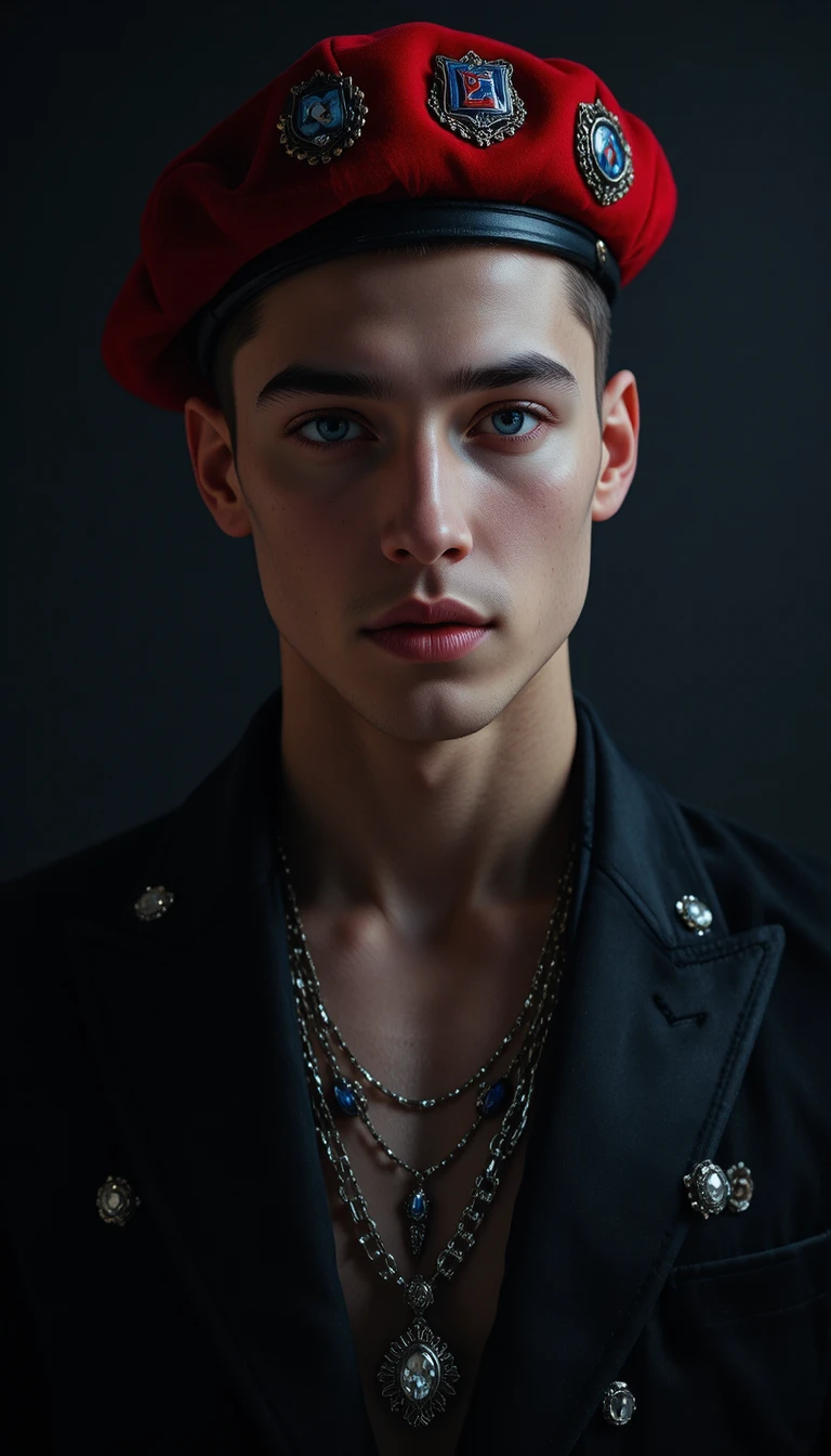 Young man in cherry beret with jewelry against dark background
