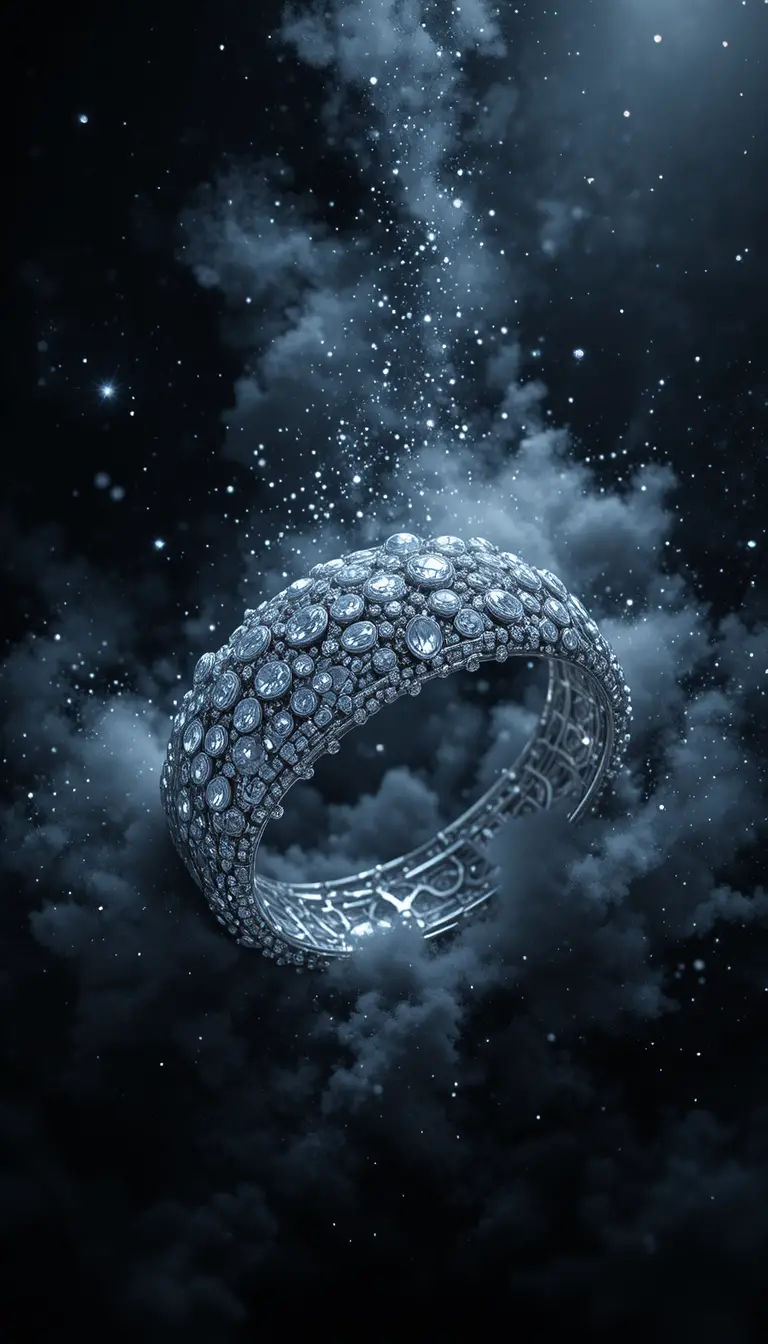 Silver diamond bracelet floating against deep black background