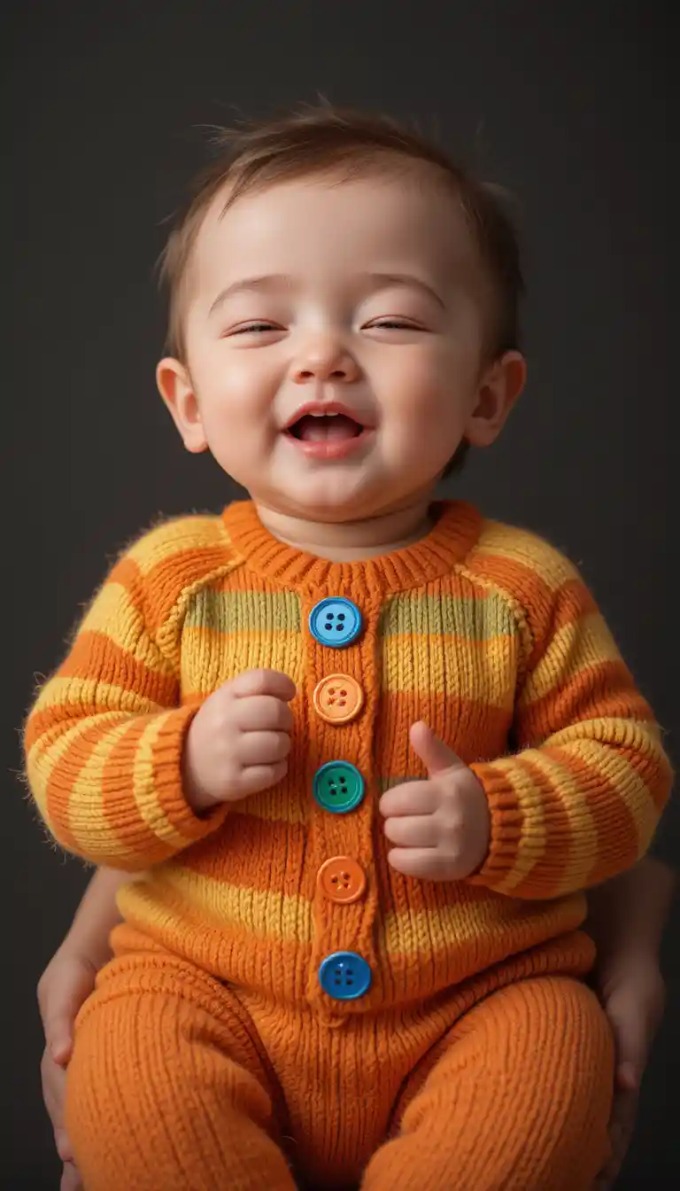 Smiling baby in striped knit outfit singing softly