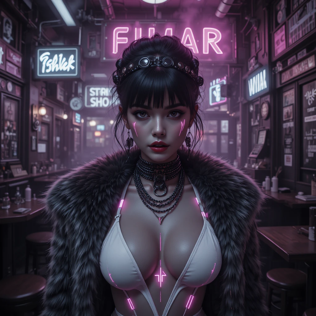 Surreal cyber noir woman in fur coat at vintage bar