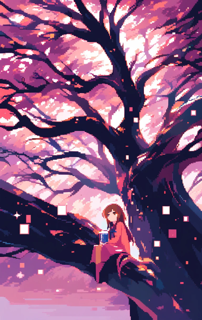 Ragazza con lanterna sotto i ciliegi in fiore nel cielo notturno pixelato