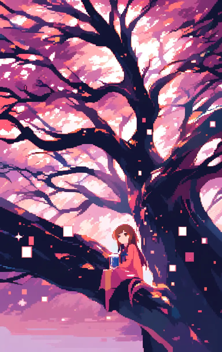 Girl with lantern under cherry blossoms in pixel night sky