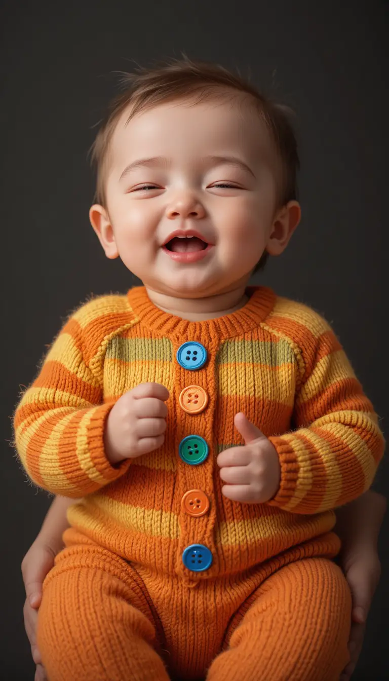 Neonata sorridente in completo di maglia a righe che canta dolcemente