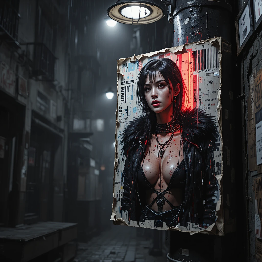 Torn poster of cyberpunk woman on lamppost in foggy alley