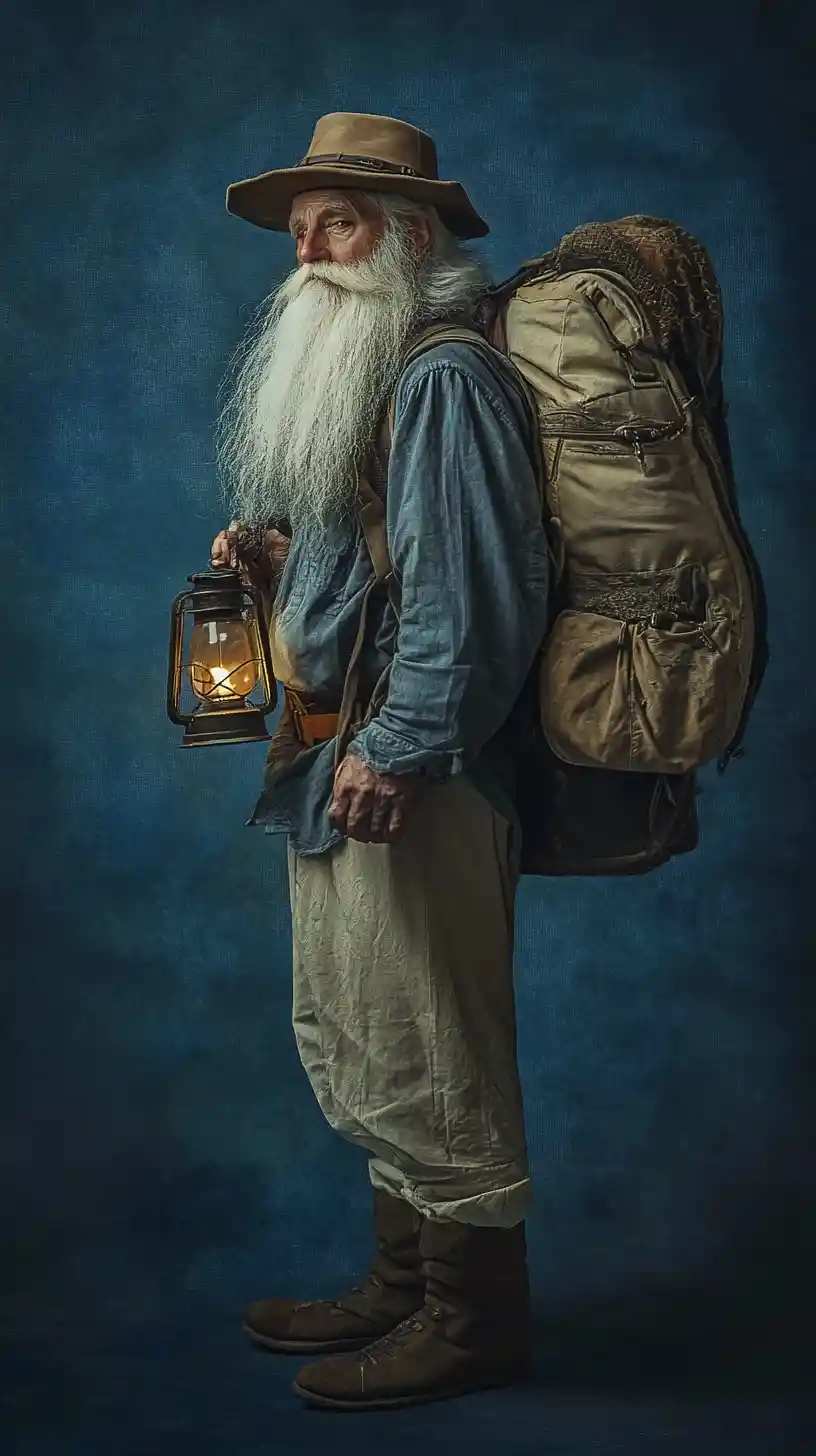 Elderly Traveler With Lantern On Minimalist Blue Background