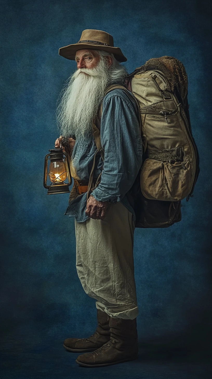 Voyageur âgé avec lanterne sur fond bleu minimaliste