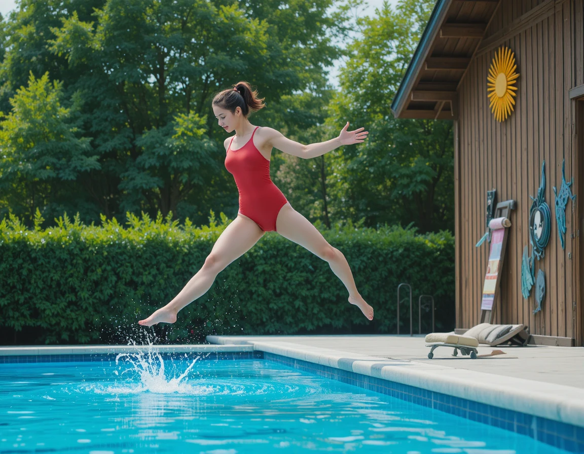 Donna che salta dal trampolino in una piscina all'aperto