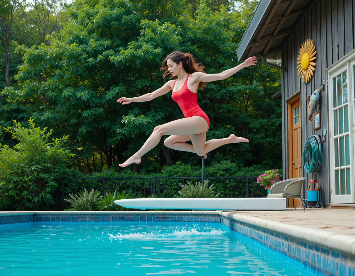 Femme sautant d’un plongeoir dans une piscine extérieure