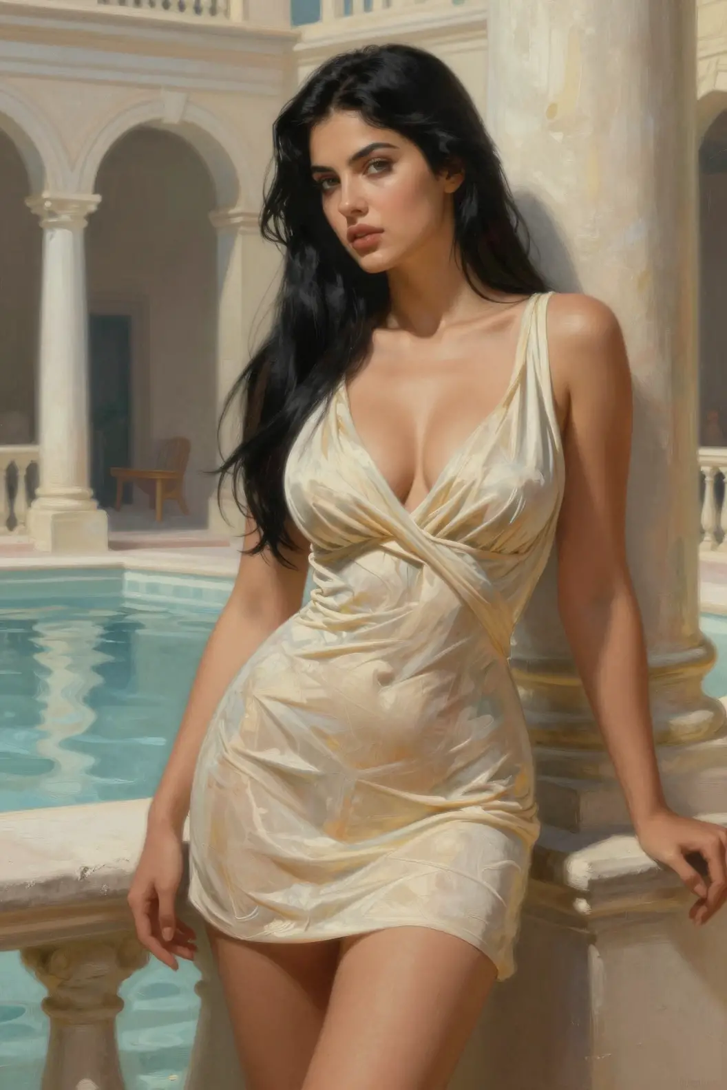 Glamorous woman in revealing roman dress at public bath