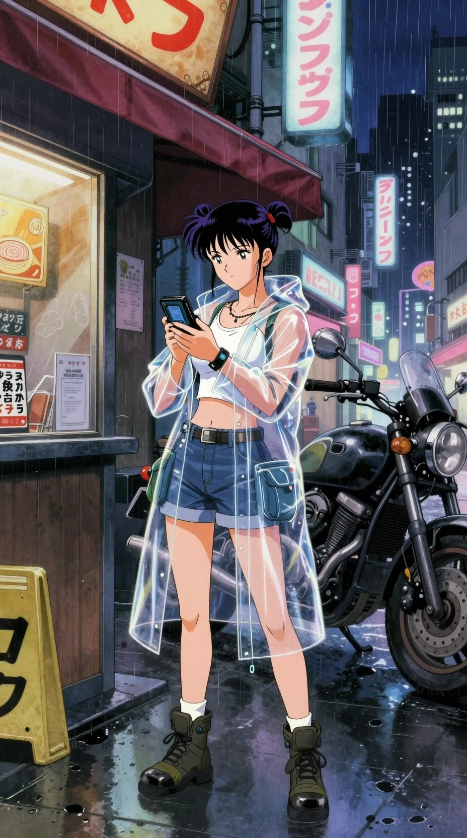 Anime girl at ramen stall in rainy futuristic city night