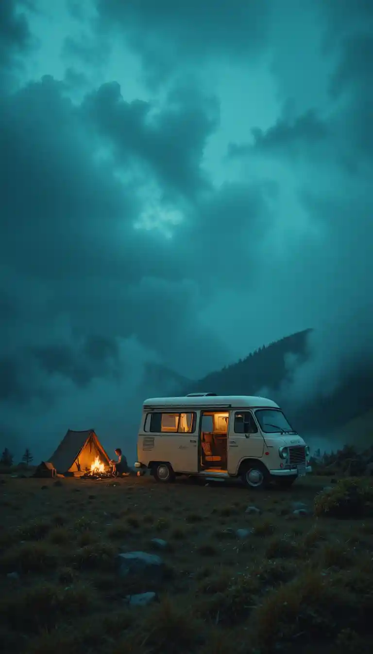 Camper vintage accanto al falò su una collina nebbiosa di notte
