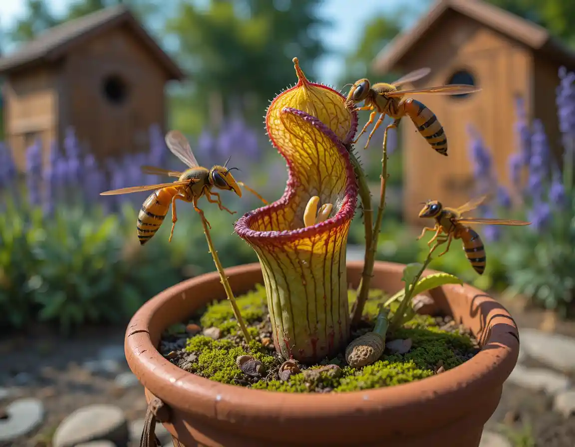 Hornets Swarming Around A Colorful Pitcher Plant