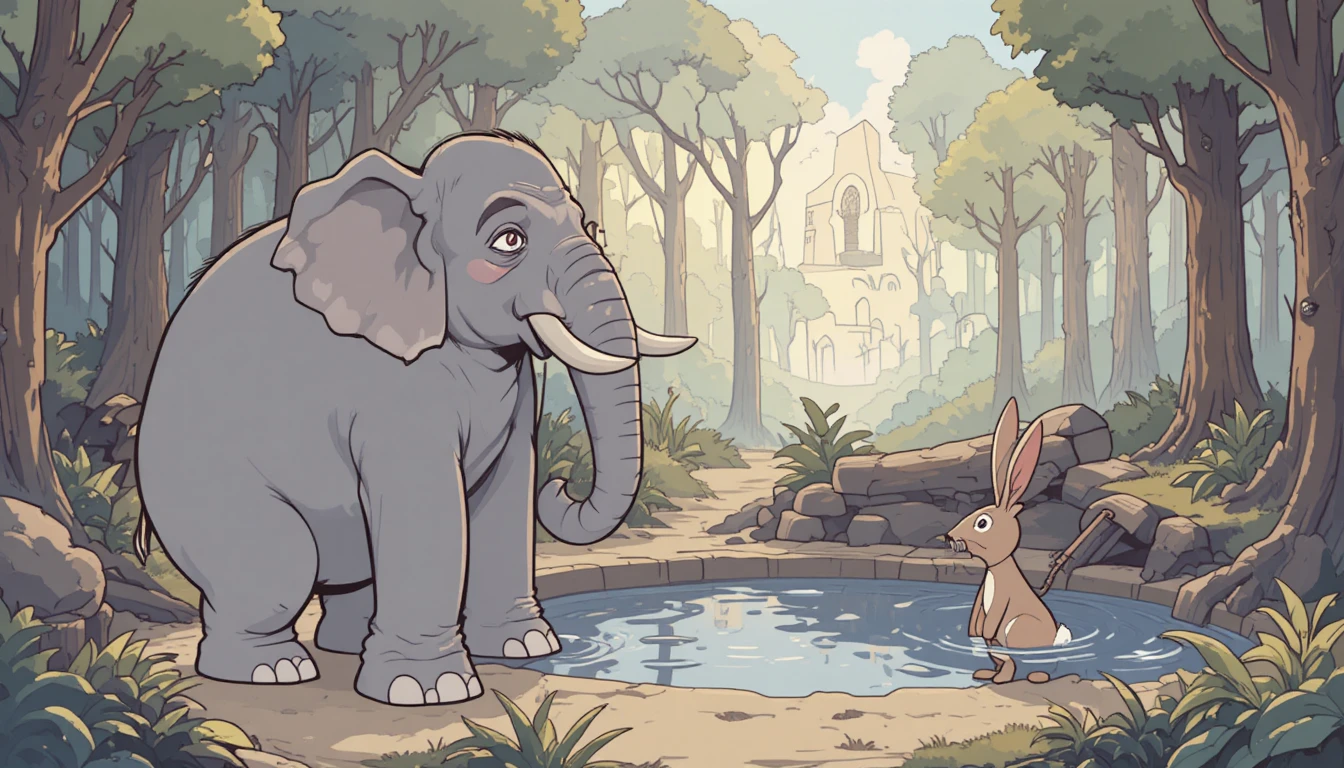 Proud elephant by the forest well facing a tricky challenge
