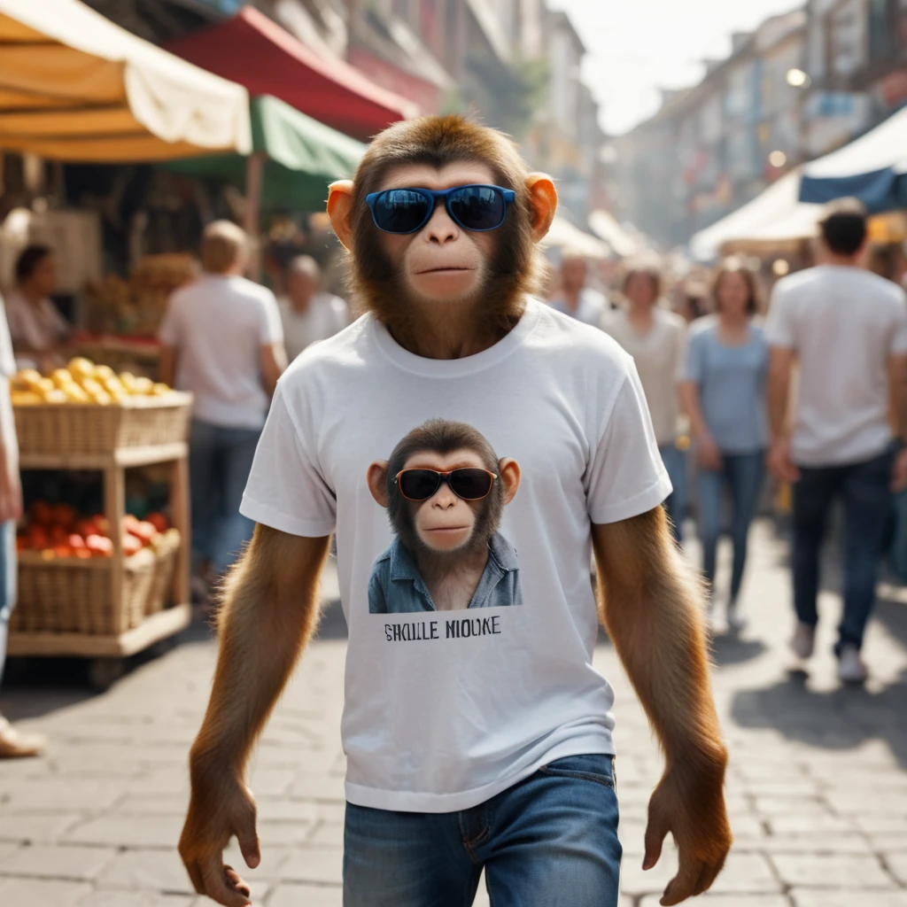 Stylish monkey walking through a busy outdoor street market