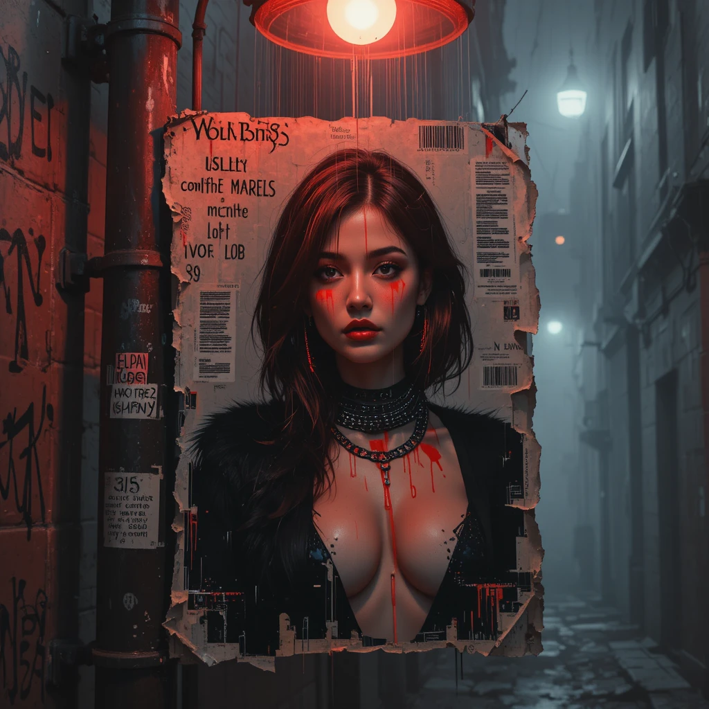 Poster strappato in un vicolo con ritratto di femme fatale cyberpunk