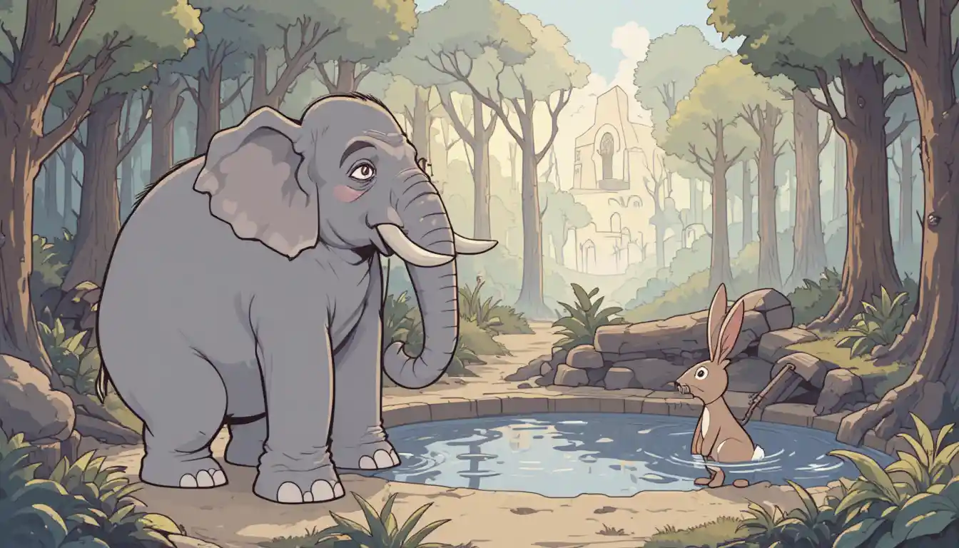 Proud elephant by the forest well facing a tricky challenge