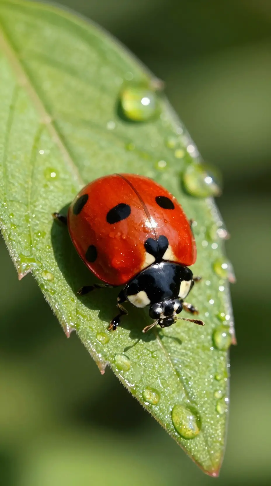 Macro ladybug on dewy green leaf in morning light