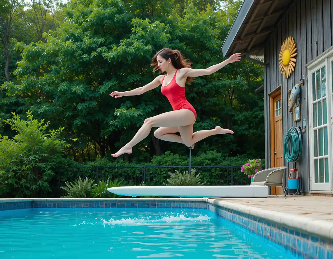 Femme sautant d’un plongeoir dans une piscine extérieure