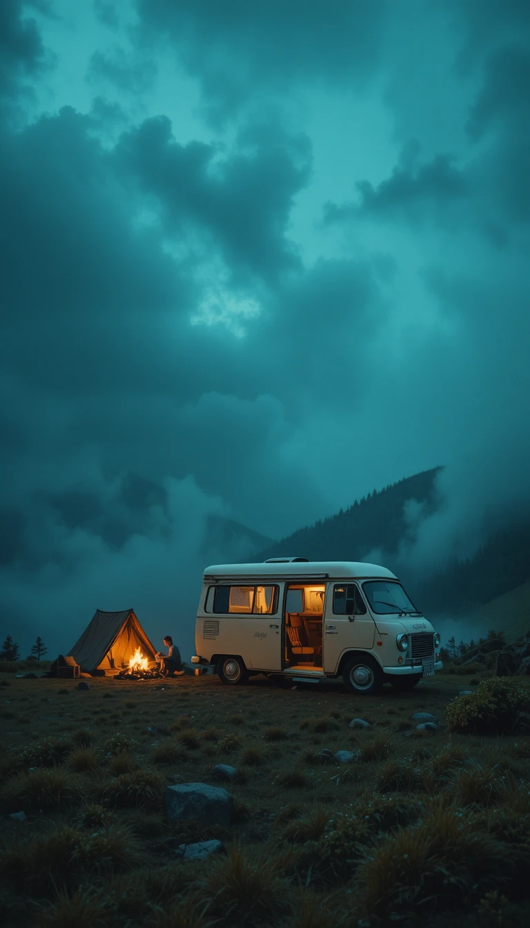 Vintage camper van by campfire on a foggy night hillside