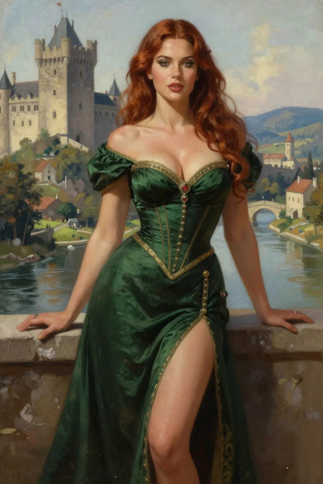 Medieval brunette woman in green dress by castle river