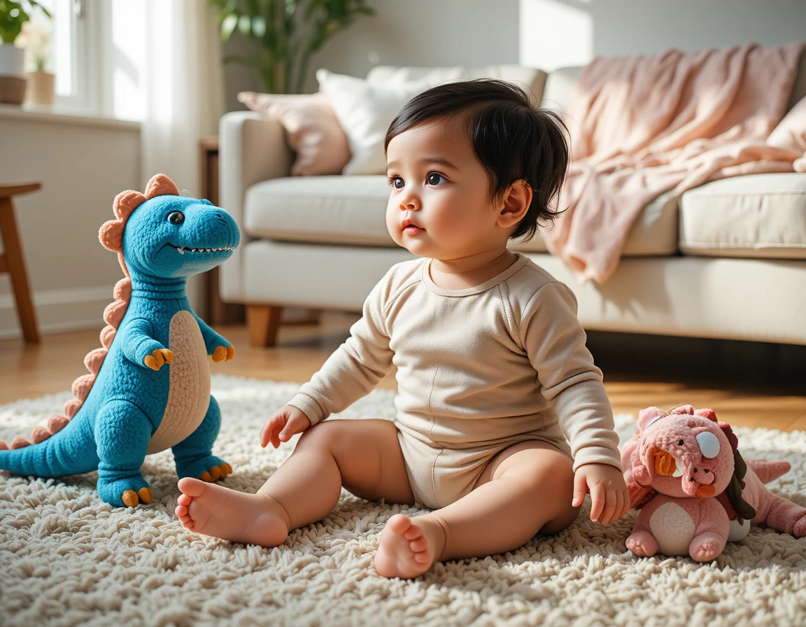 Curious baby sitting on rug with colorful dinosaur toys