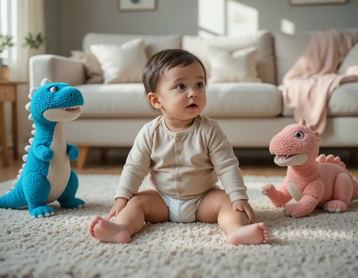 Neugieriges Baby sitzt mit blauen und rosa Dinosaurier-Spielzeugen