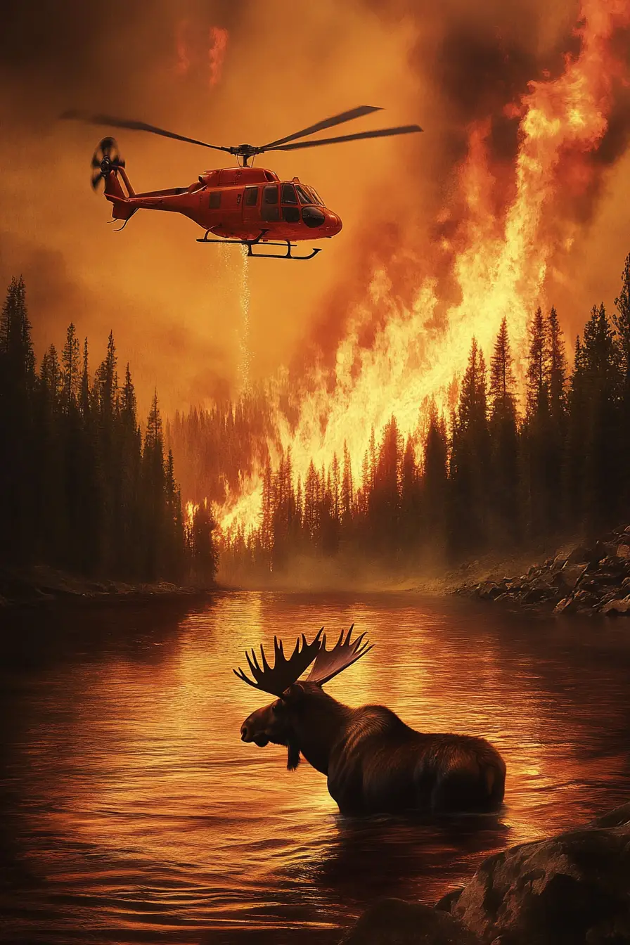 Moose In Lake With Helicopter Battling Forest Fire