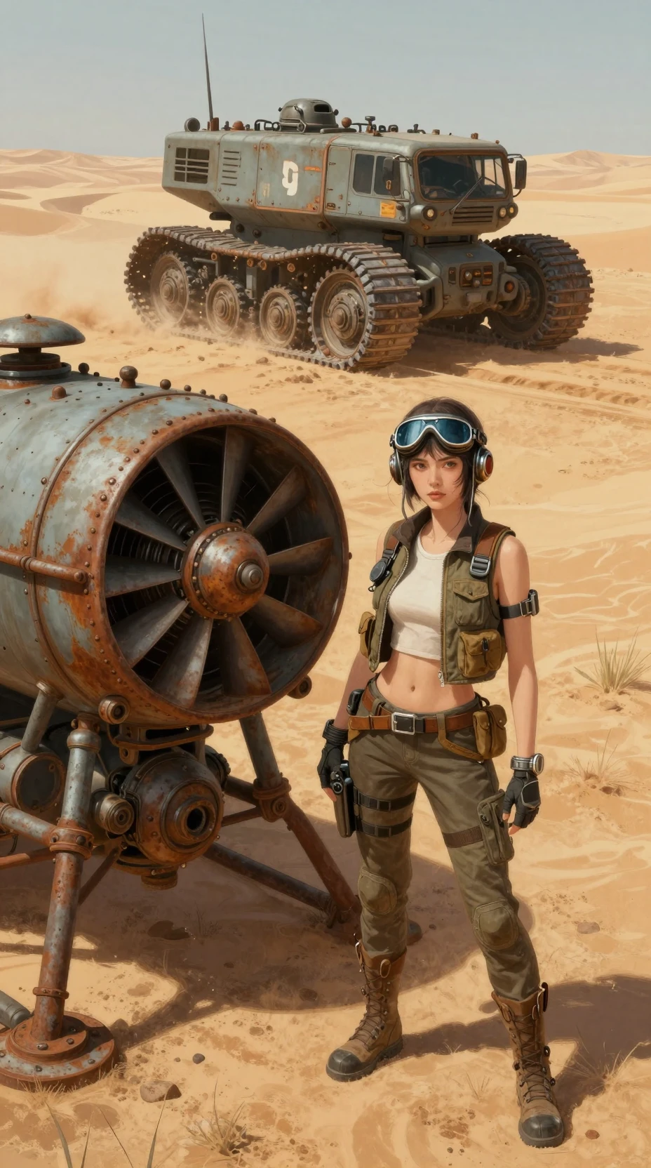Young aviator woman beside desert refueling station