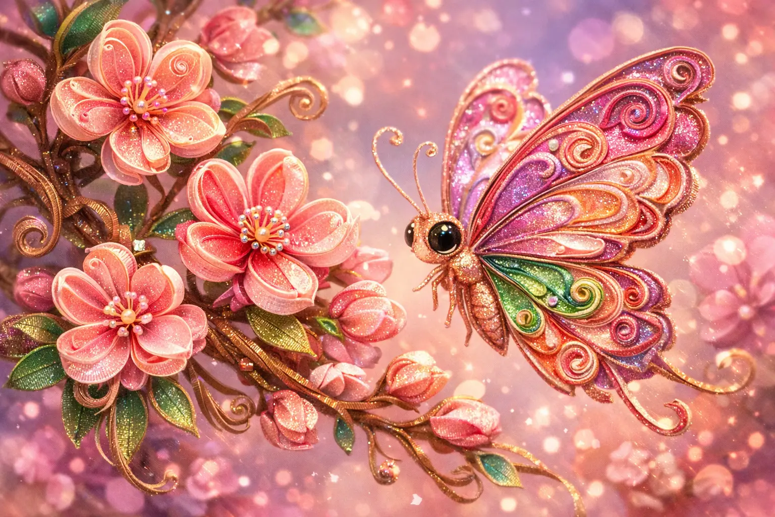 Farfalla Fantasiosa in Paper Quilling tra Fiori di Ciliegio