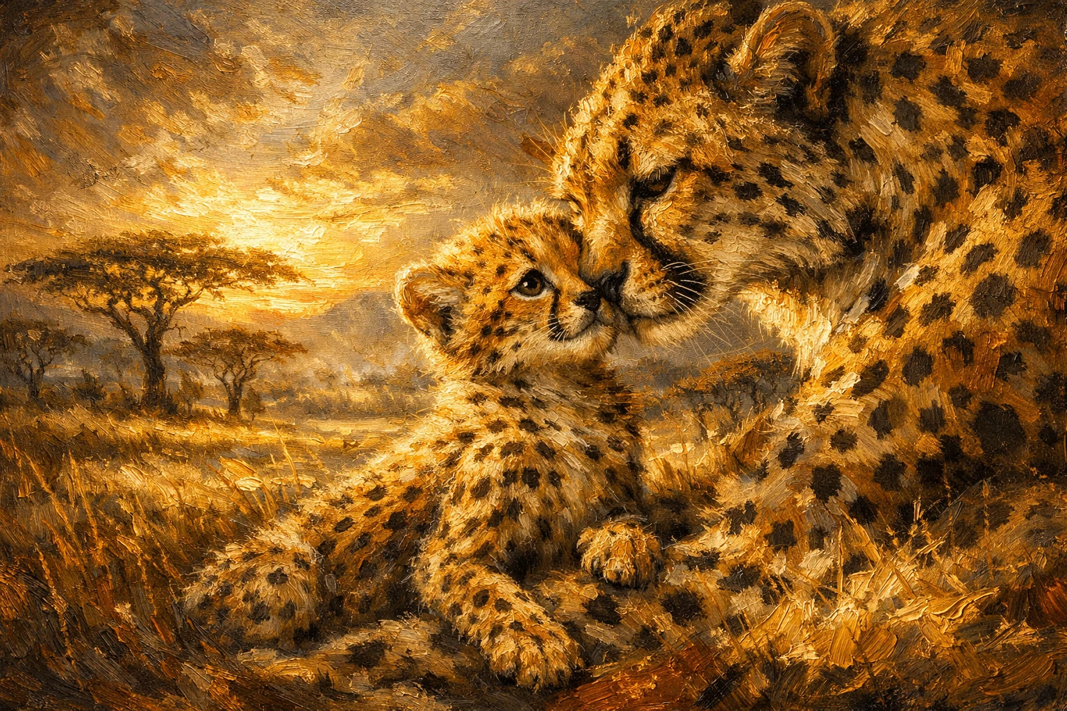 Cucciolo di ghepardo che si strofina contro la madre nella luce dorata della savana