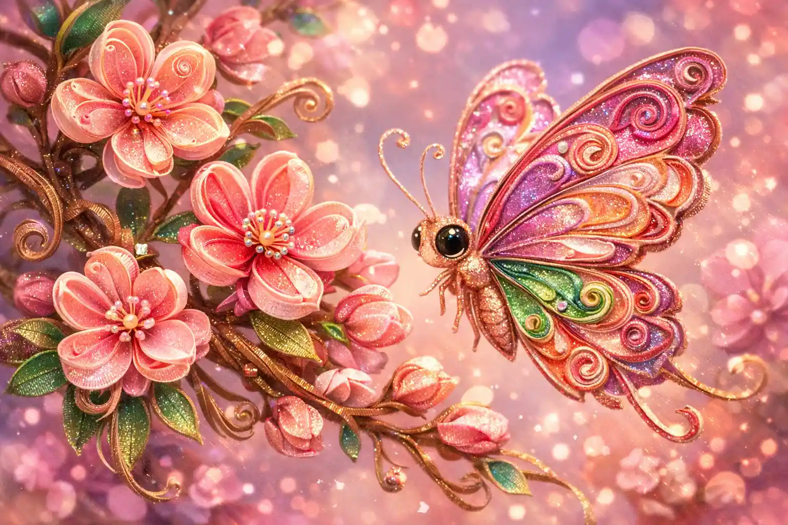 Whimsical Paper Quilling Butterfly By Cherry Blossom Flowers