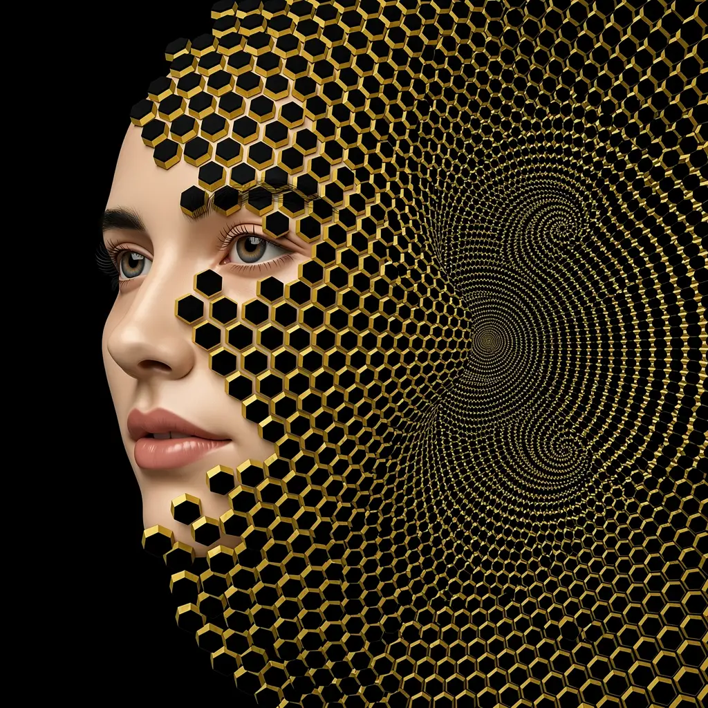 Human Face Dissolving Into Hexagonal Op Art Grid