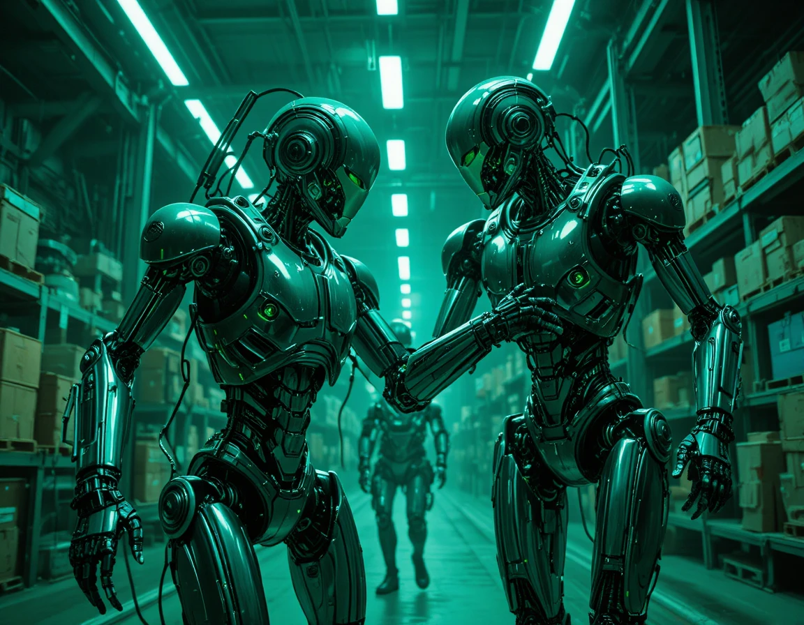 Humanoid robots clash in a tense futuristic industrial warehouse