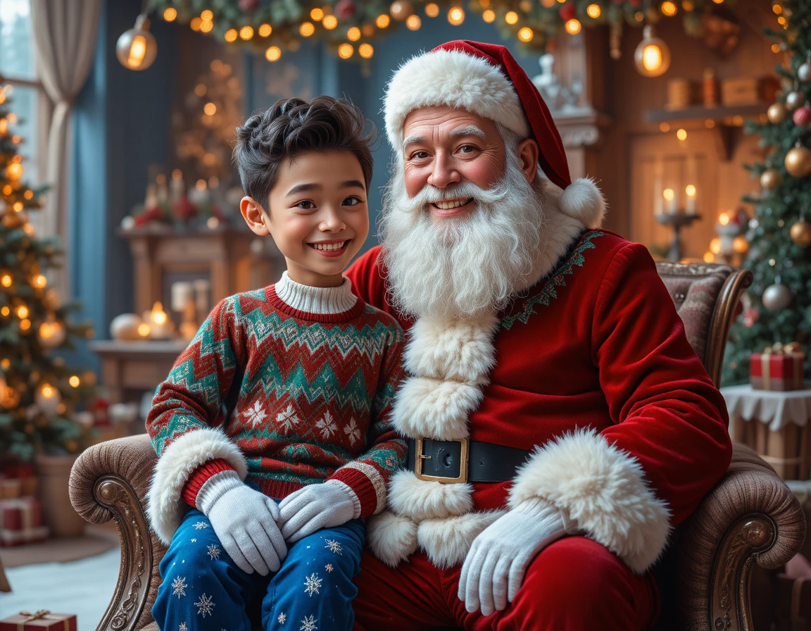 Santa Claus with excited boy in cozy Christmas scene